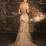 Gold metallic lace mermaid gown with off-the-shoulder sleeves and ornate embroidery, bespoke wedding gown