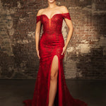 Bespoke red beaded lace wedding gown with off-the-shoulder neckline and thigh-high slit, handcrafted bridal gown