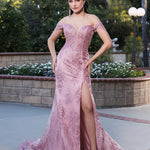 Mauve off-the-shoulder sweetheart shimmering lace gown with a high slit, handcrafted bespoke wedding gown
