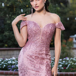 Handcrafted pink glitter lace off-the-shoulder gown with plunging neckline and high leg slit, bespoke wedding gown