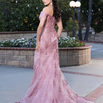 Bespoke off-the-shoulder dusty rose lace mermaid gown with shimmering floral embroidery, handcrafted wedding gown