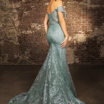 Bespoke sage green mermaid gown with off-the-shoulder sleeves and intricate glitter embroidery wedding gown