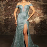 Shimmering seafoam lace off-the-shoulder gown with plunging sweetheart neckline and high slit, bespoke wedding gown