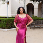 Bespoke fuchsia satin gown with beaded lace sleeves and side slit, handcrafted mother of the bride wedding gown