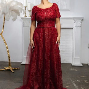 Sequin burgundy A-line gown with scoop neck and short sleeves, handcrafted Mother of the Bride wedding gown