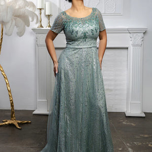 Sage sequined A-line mother of the bride gown with short sleeves and scoop neckline, handcrafted wedding gown