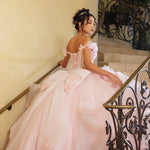 Blush ball gown with 3D floral off-the-shoulder straps and corset back, bespoke handcrafted bridal gown