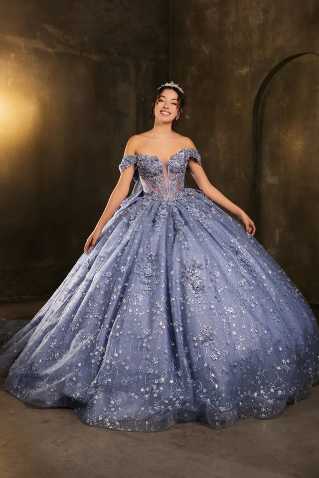 Bespoke off-the-shoulder periwinkle Quinceañera ball gown with floral lace corset, handcrafted wedding gown