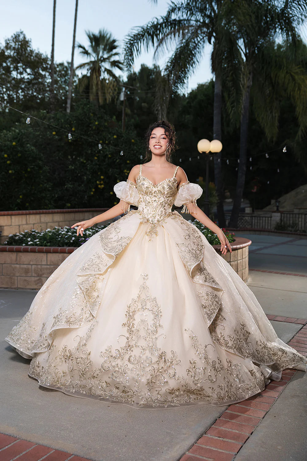 champagne quinceanera dresses with sleeves Champagne Quinceaera Dress with 3D Butterflies and Cape Sleeves 3XL / Champagne