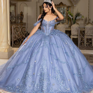 Bespoke beaded periwinkle ball gown with corset bodice and off-the-shoulder straps, handcrafted wedding dress