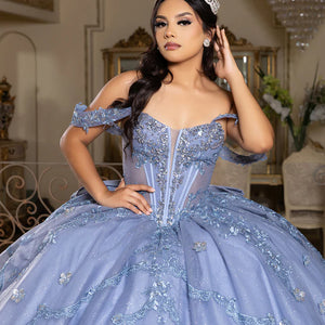 Bespoke periwinkle ball gown with off-the-shoulder lace and corset bodice, handcrafted shimmer wedding dress