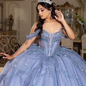Bespoke periwinkle ball gown with beaded corset bodice and floral straps, handcrafted Quinceañera wedding gown