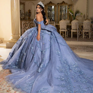 Dusty blue Quinceanera ball gown with off-the-shoulder handcrafted lace and voluminous train, bespoke wedding gown
