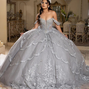 Bespoke silver tiered ball gown with scalloped lace and beaded corset bodice, handcrafted bridal gown