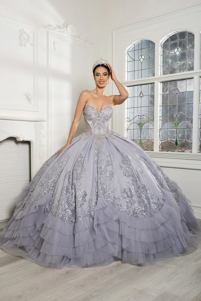 Strapless lavender ball gown with silver beading and ruffled tiers, bespoke handcrafted Quinceañera wedding gown