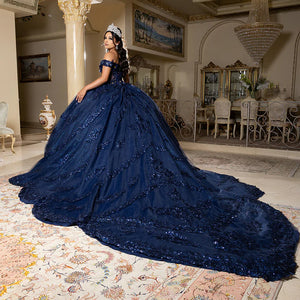 Bespoke navy off-the-shoulder ball gown with tiered sequined lace and long train, handcrafted wedding gown