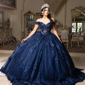 Bespoke navy blue ball gown with off-the-shoulder floral lace and shimmering sequins, elegant wedding gown