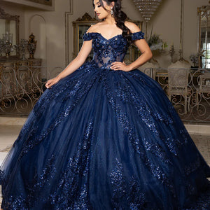 Bespoke navy ball gown with off-the-shoulder lace and shimmering sequins, handcrafted Quinceañera wedding gown