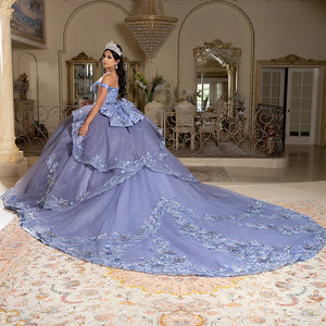 Lavender tiered Quinceanera ball gown with off-the-shoulder straps and floral train, bespoke bridal gown