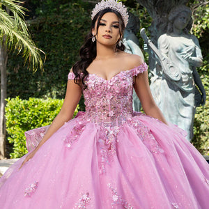 Bespoke pink off-the-shoulder ball gown with 3D floral lace and glitter tulle, handcrafted wedding dress