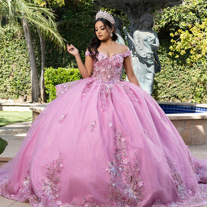 Pink off-the-shoulder ball gown with floral embroidery and sheer corset bodice, handcrafted wedding gown