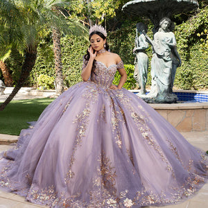 Lavender ball gown with gold floral embroidery, off-the-shoulder neckline, handcrafted Quinceañera bridal gown