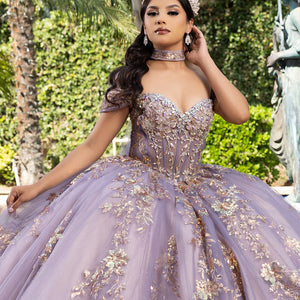 Lavender ball gown with gold sequin florals, sweetheart neckline, bespoke handcrafted off-the-shoulder wedding gown