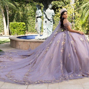 Lavender Quinceañera ballgown with gold floral embroidery and off-the-shoulder neckline, handcrafted wedding gown