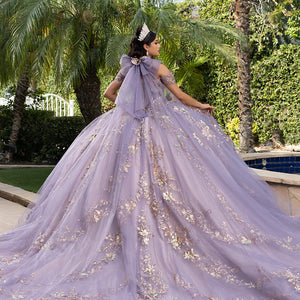 Handcrafted lavender Quinceañera ball gown with gold floral embroidery and statement back bow, bespoke bridal gown