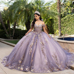 Bespoke lilac ball gown with gold embroidery and off-the-shoulder sweetheart neckline, lavender wedding dress