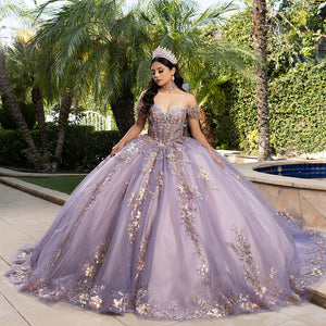 Bespoke lilac ball gown with gold embroidery and off-the-shoulder sweetheart neckline, lavender wedding dress