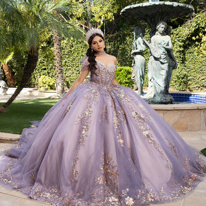 Bespoke lavender Quinceañera ball gown with gold embroidery and off-the-shoulder sweetheart neckline, wedding gown