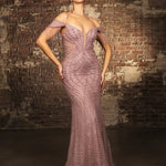 Mauve pearl-beaded mermaid gown with cold-shoulder fringe and plunging neckline, handcrafted wedding gown