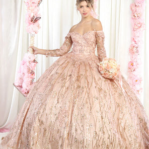 Bespoke blush Quinceañera ball gown with off-the-shoulder lace sleeves and gold glitter, handcrafted bridal gown