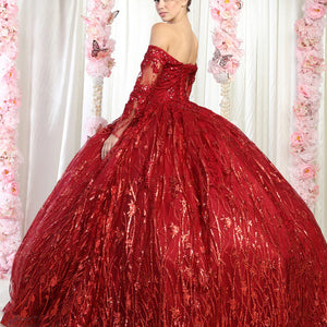 Bespoke red sequined ball gown with off-the-shoulder long sleeves and glitter patterns, handcrafted bridal gown