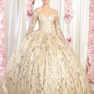Bespoke Quinceañera ball gown with off-the-shoulder long sleeves and glitter branches, handcrafted bridal gown