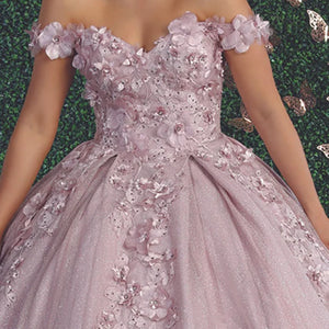 Bespoke mauve off-the-shoulder ball gown with 3D floral appliqués and glitter tulle, handcrafted wedding gown