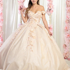 Handcrafted champagne ball gown with off-the-shoulder 3D florals and shimmering tulle, bespoke wedding dress