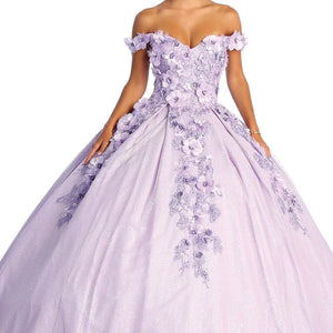 Lavender ball gown Quinceañera dress with 3D floral appliqués and off-the-shoulder straps, bespoke wedding gown
