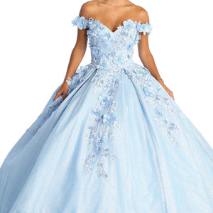 Light blue 3D floral Quinceañera ball gown with off-the-shoulder sleeves and shimmer, bespoke bridal gown