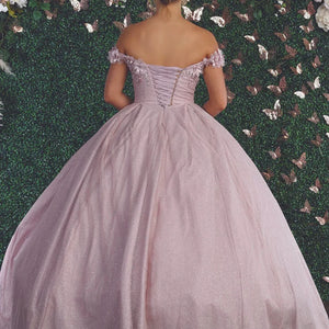 Shimmering pink ball gown with bespoke floral off-the-shoulder straps and corset back, elegant wedding gown