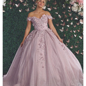 Lavender Quinceañera ball gown with 3D floral appliques, handcrafted off-the-shoulder glitter tulle wedding gown