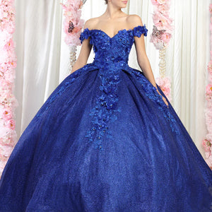 Royal blue ball gown with 3D floral appliques and off-the-shoulder neckline, handcrafted Quinceañera wedding gown