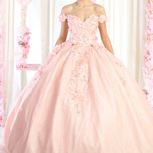 Off-the-shoulder pink Quinceañera ball gown with 3D floral lace and shimmer, handcrafted wedding gown