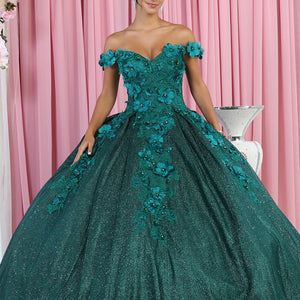 Emerald off-the-shoulder ball gown with 3D floral lace and a shimmering glitter skirt bespoke wedding dress