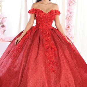 Bespoke red glitter ball gown with 3D floral appliques and off-the-shoulder sleeves, handcrafted bridal gown