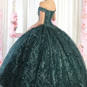 Emerald green off-the-shoulder Quinceañera ball gown with sparkly botanical embroidery and lace-up back, bridal gown