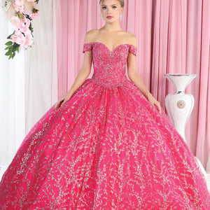 Hot pink ball gown with off-the-shoulder neckline and glitter vine embroidery, bespoke handcrafted wedding gown