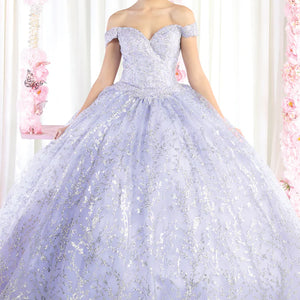 Lavender off-the-shoulder ball gown with silver glitter floral patterns, handcrafted wedding gown