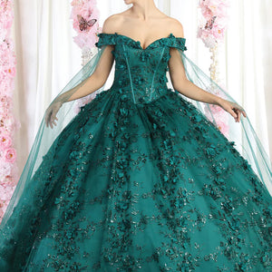 Bespoke emerald green ballgown with 3D floral lace and off-the-shoulder cape sleeves, handcrafted wedding gown